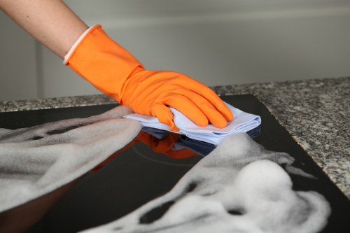 Carpet cleaning team using safety equipment during a professional service